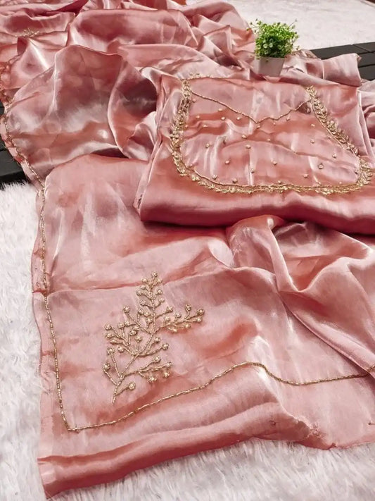 Designer Jimmy Choo Saree with Cut Dana Work and Golden Moti Border