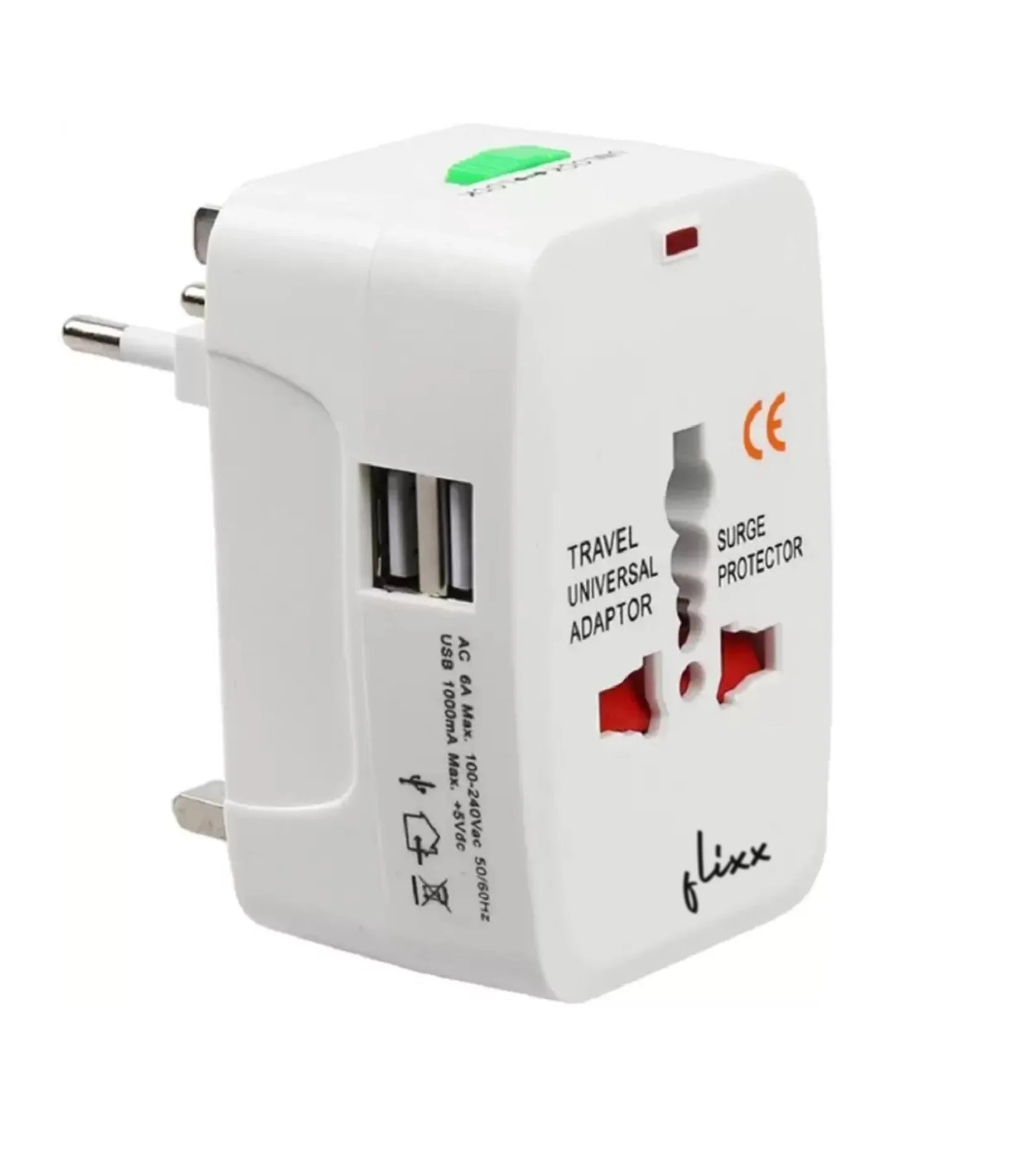 Flixx travel adapter with Type C to USB A connector combo for laptop and mobile charging
