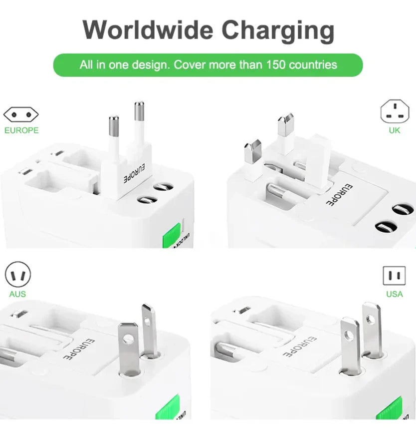 Flixx travel adapter with Type C to USB A connector combo for laptop and mobile charging