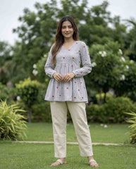 Cotton Embroidered Top with Linen Cotton Bottom