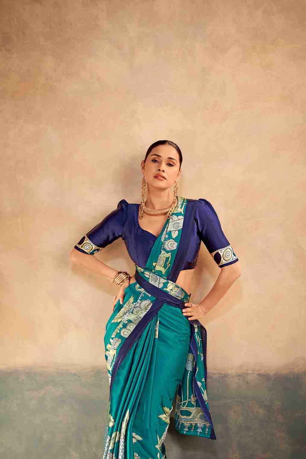 Designer Kalamkari saree side profile view