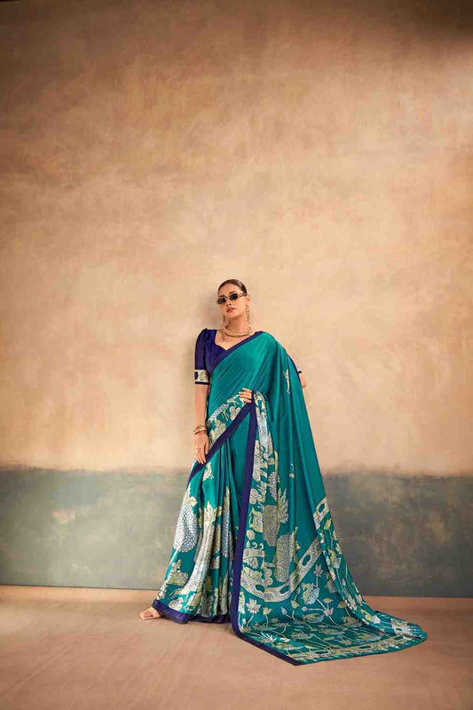 Women party wear printed satin silk saree