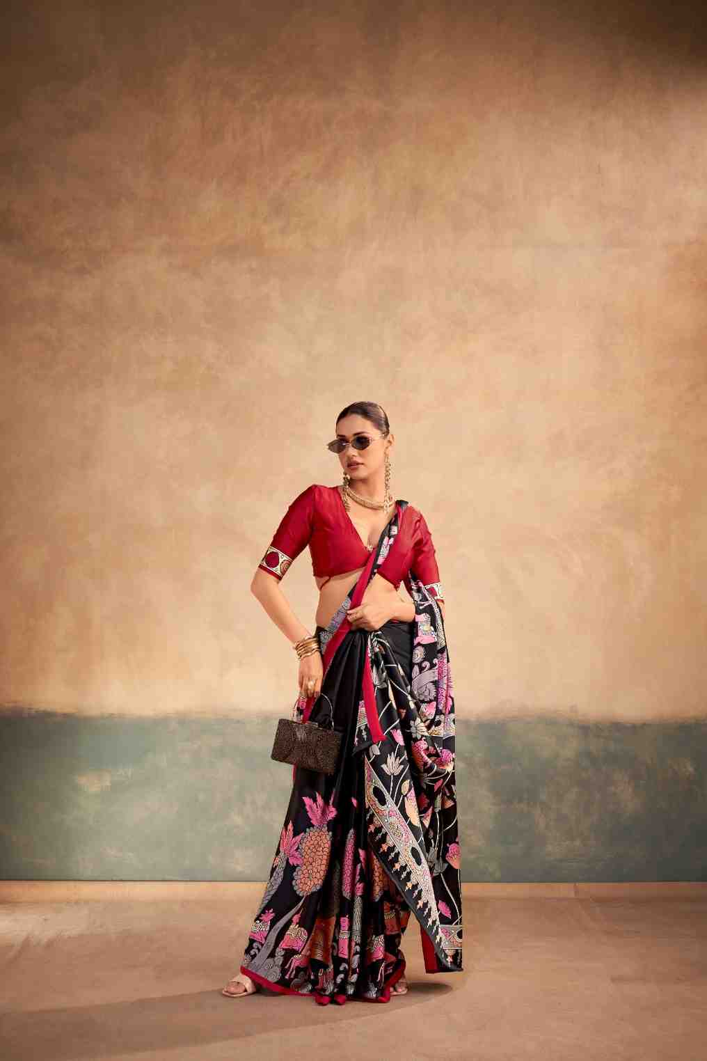 Women ethnic satin silk saree full outfit view