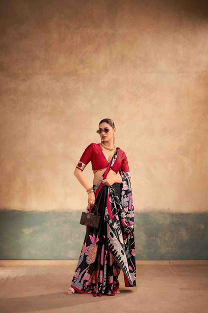 Women ethnic satin silk saree full outfit view