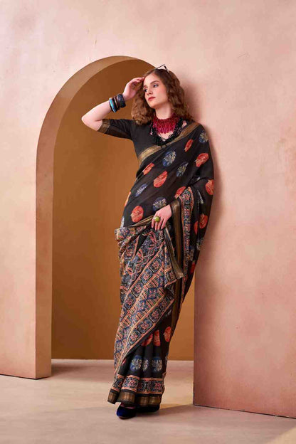 P V Chanderi saree with woven designer print