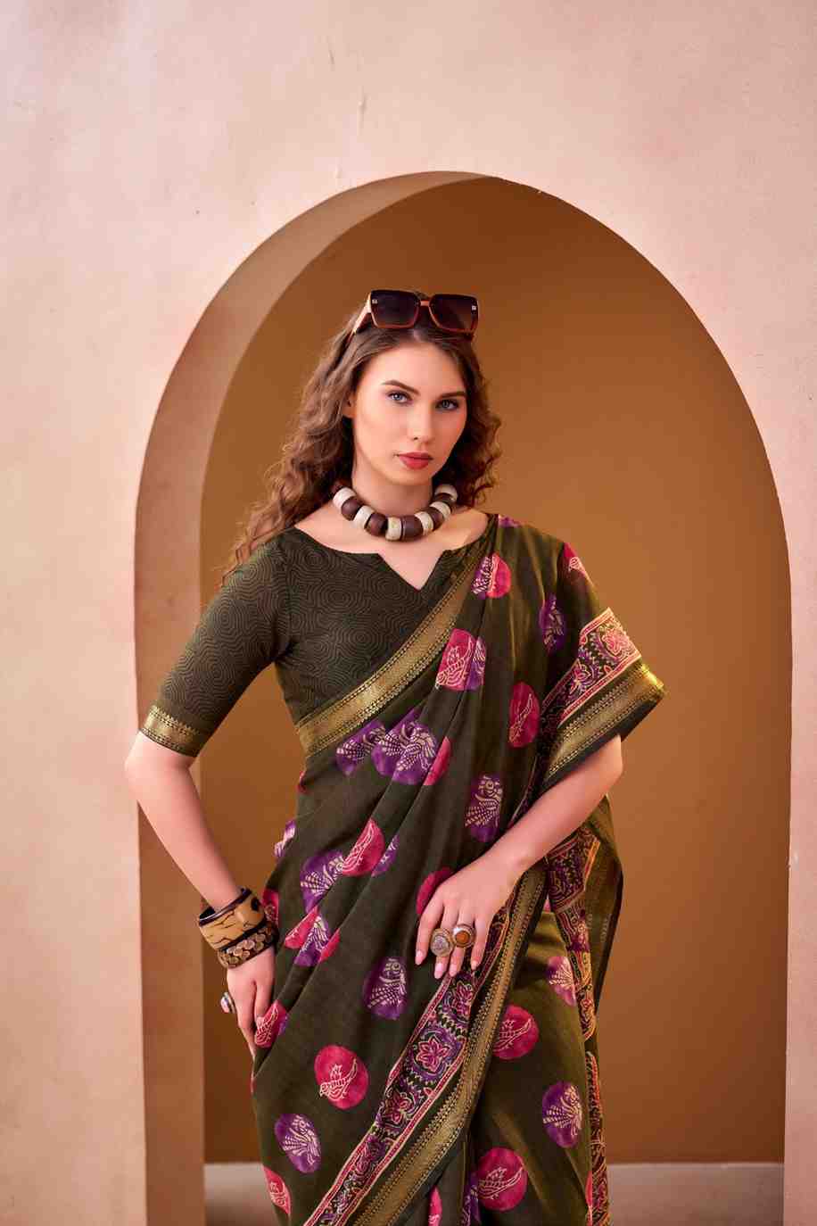 Women ethnic Chanderi saree full outfit view