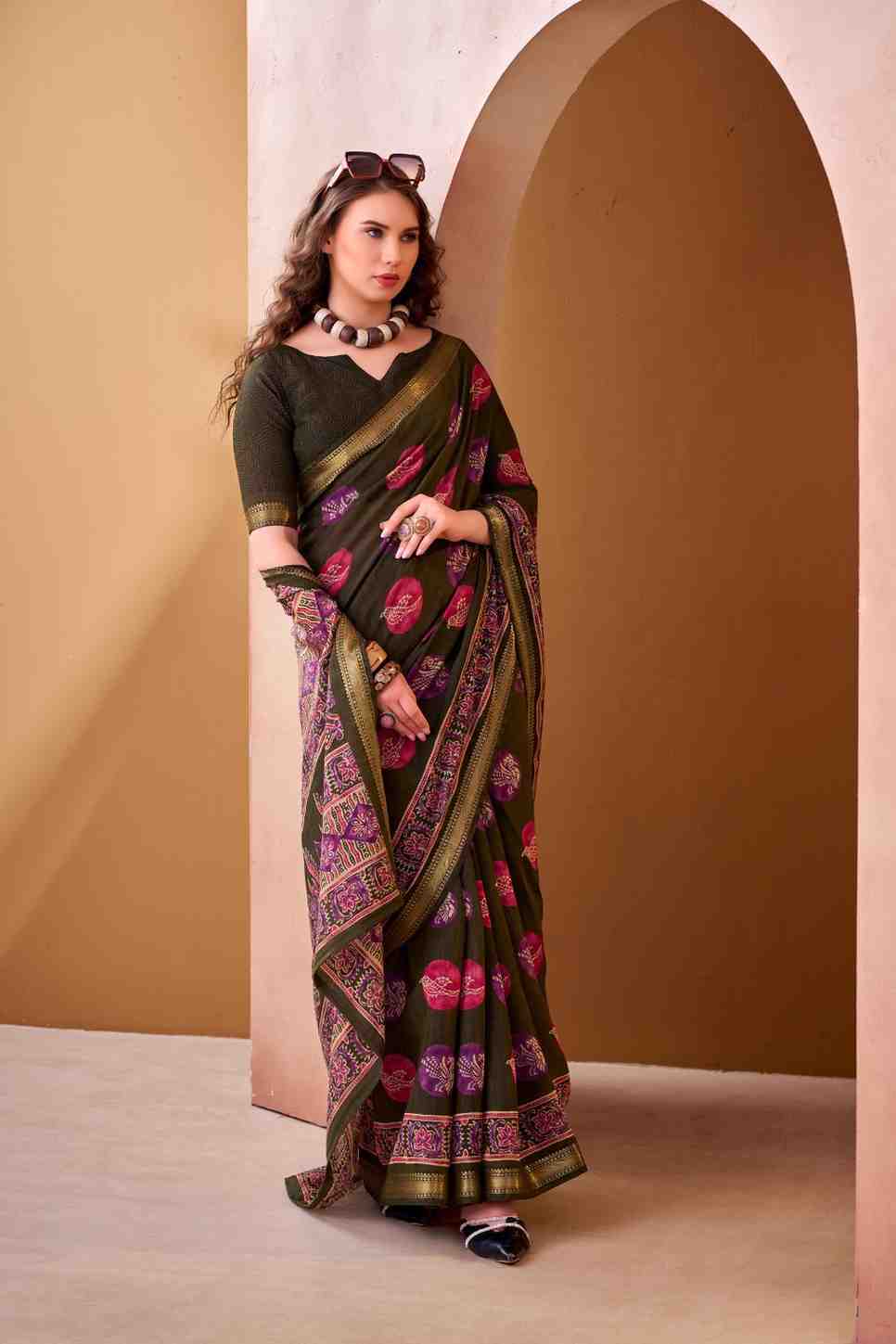 Elegant festive P V Chanderi saree front view