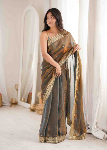 Grey Embroidered Party Wear Saree