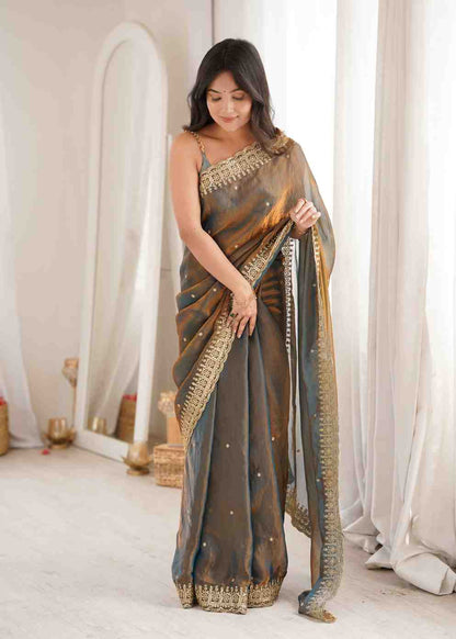 Grey Fendy Satin Embroidered Saree
