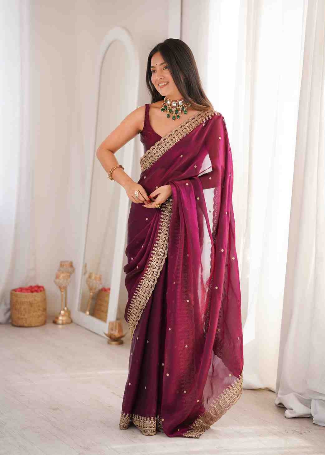 Maroon Fendy Satin Embroidered Saree