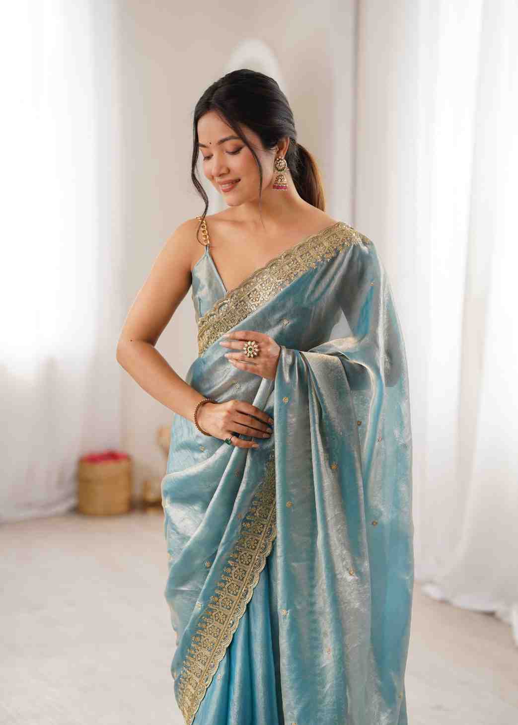 Blue Designer Satin Saree