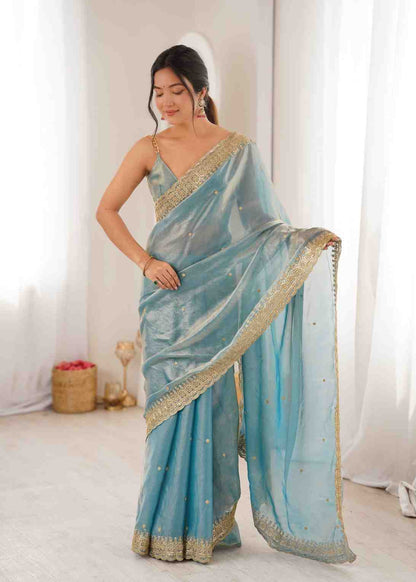 Blue Fendy Satin Embroidered Saree