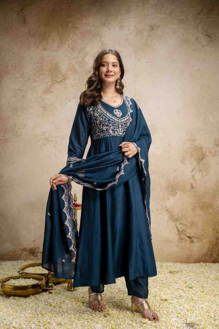 Embroidered Vichitra Silk Dress Set