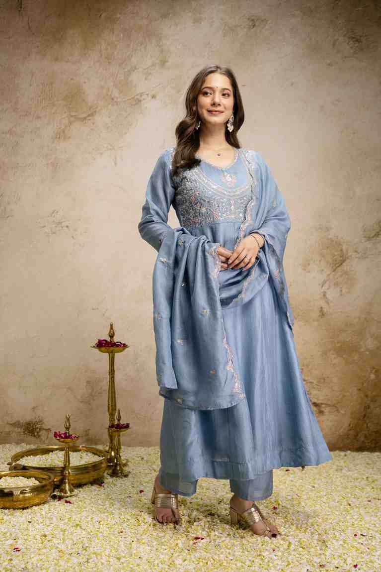 Embroidered Vichitra Silk Kurta Set