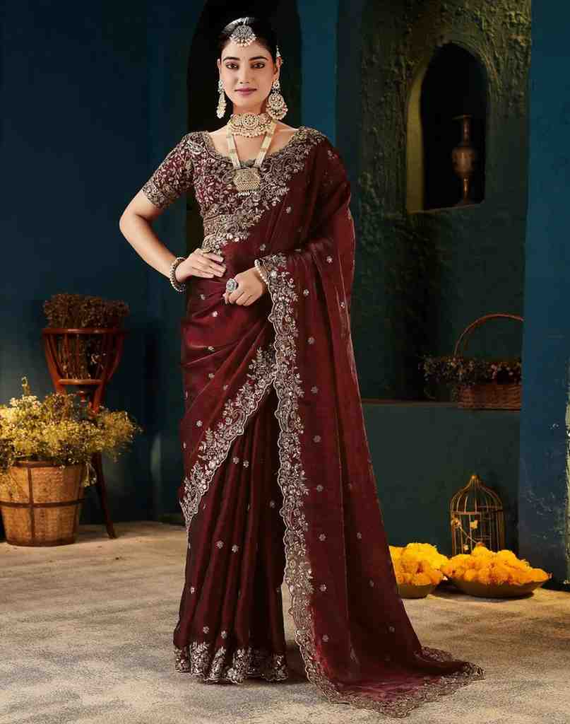 Thread Embroidery Satin Saree
