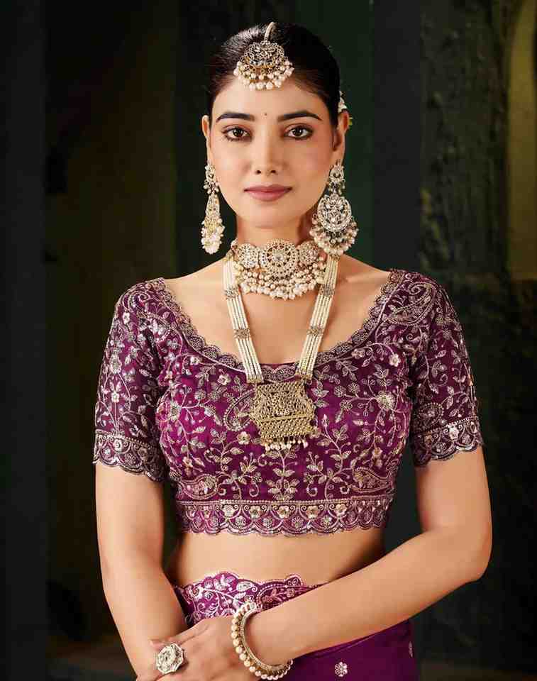 Wine Fendy Satin Embroidered Saree