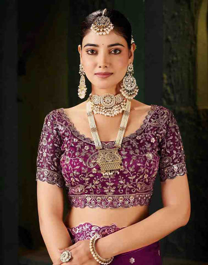 Wine Fendy Satin Embroidered Saree