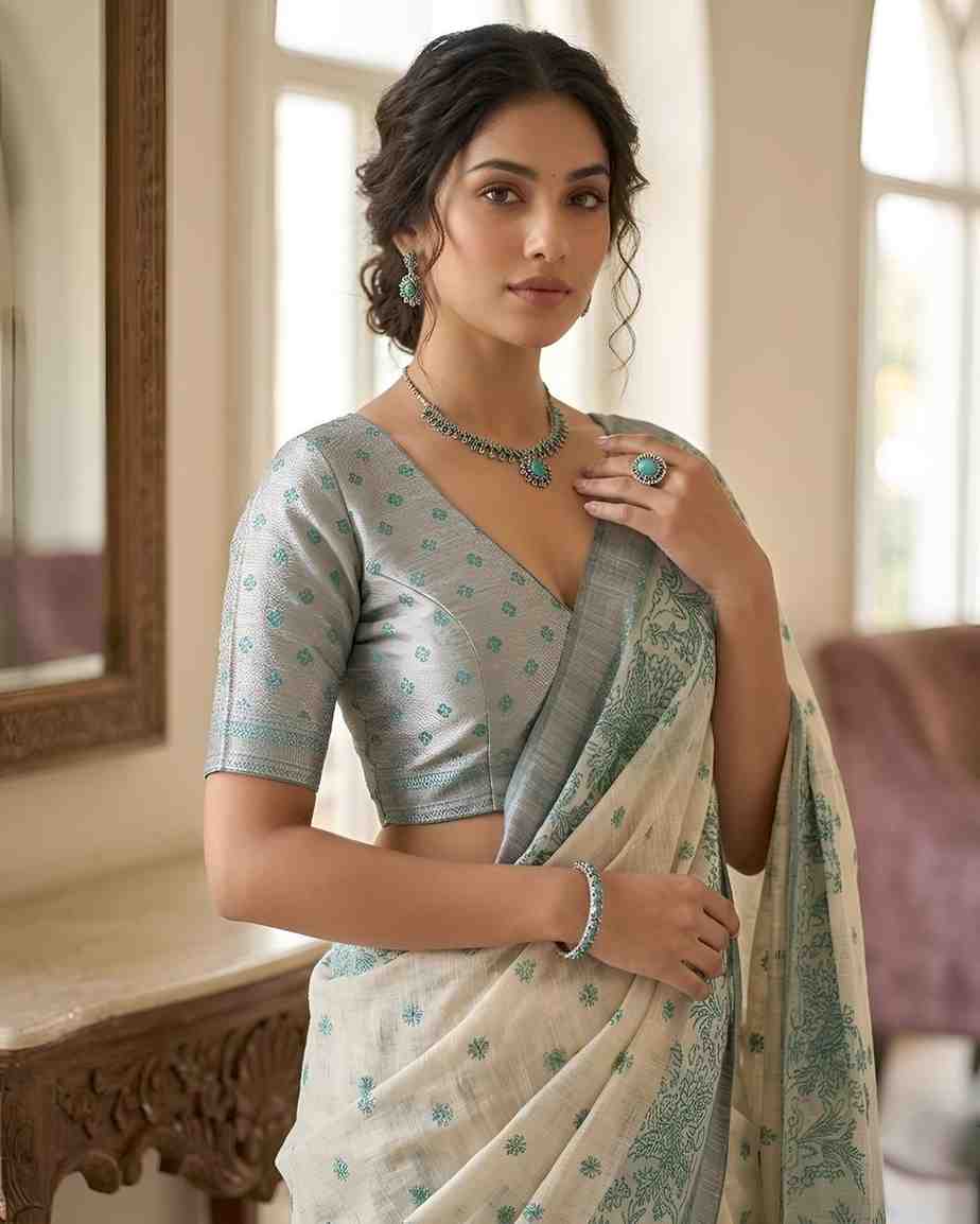 Elegant Printed Linen Saree