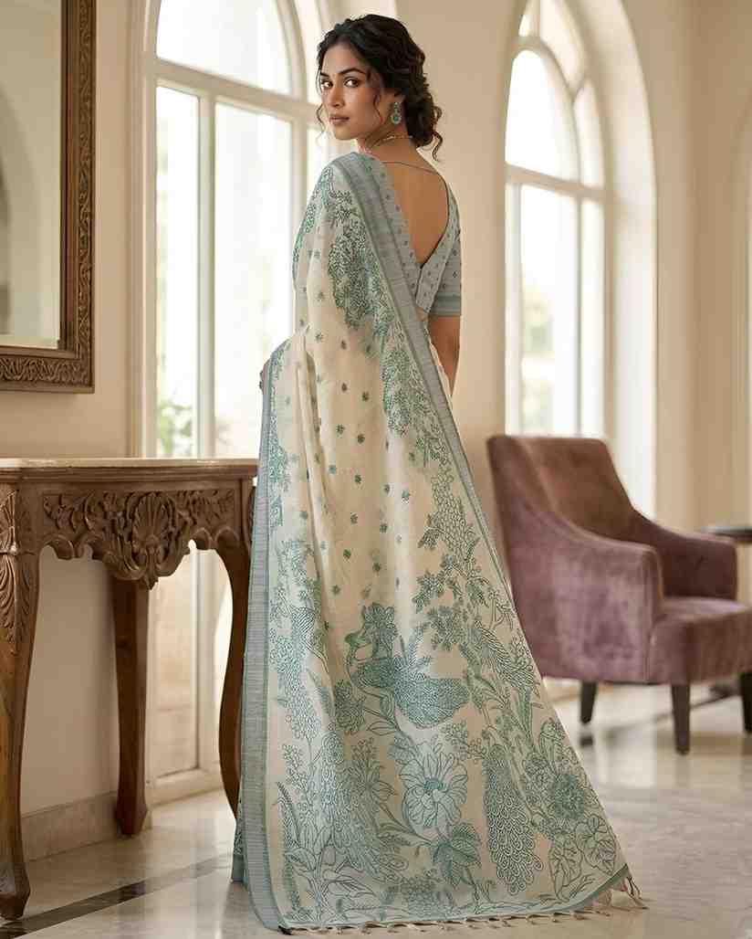 Linen Saree with Peacock Kalamkari Print