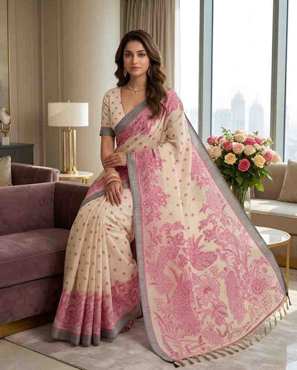 Peacock Print Linen Saree with Blouse Piece