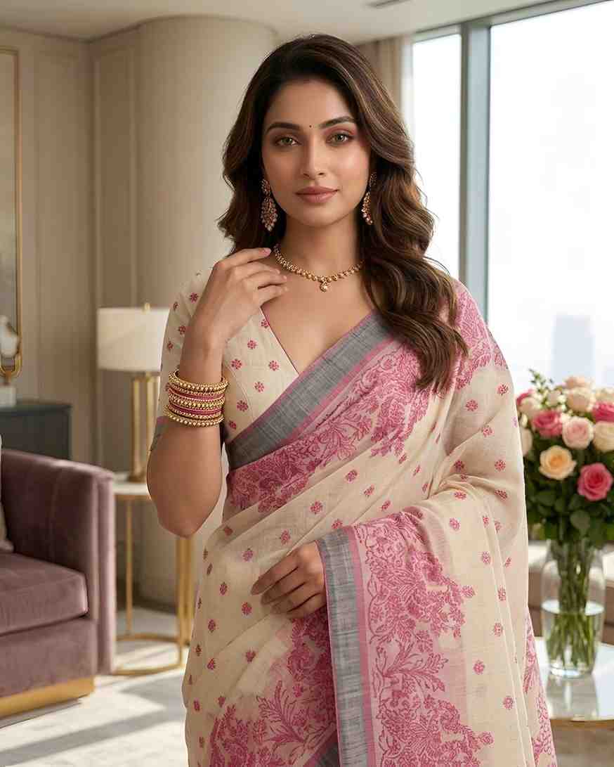 Handcrafted Style Linen Saree for Special Occasions
