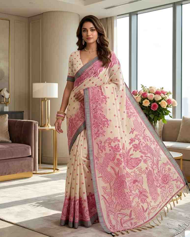 Lightweight Linen Saree with Kalamkari Design