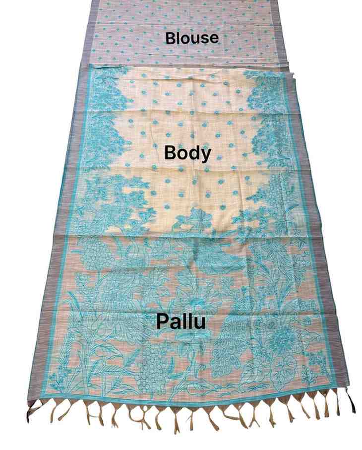Linen Saree with Peacock Kalamkari Print & Woven Border