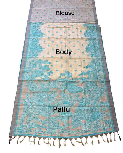 Linen Saree with Peacock Kalamkari Print & Woven Border