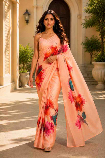Premium Chanderi Linen Digital Printed Saree with Blouse Piece