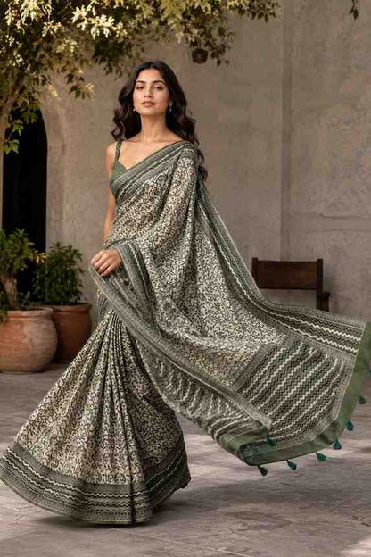 Traditional Chanderi Linen Saree with Digital Print