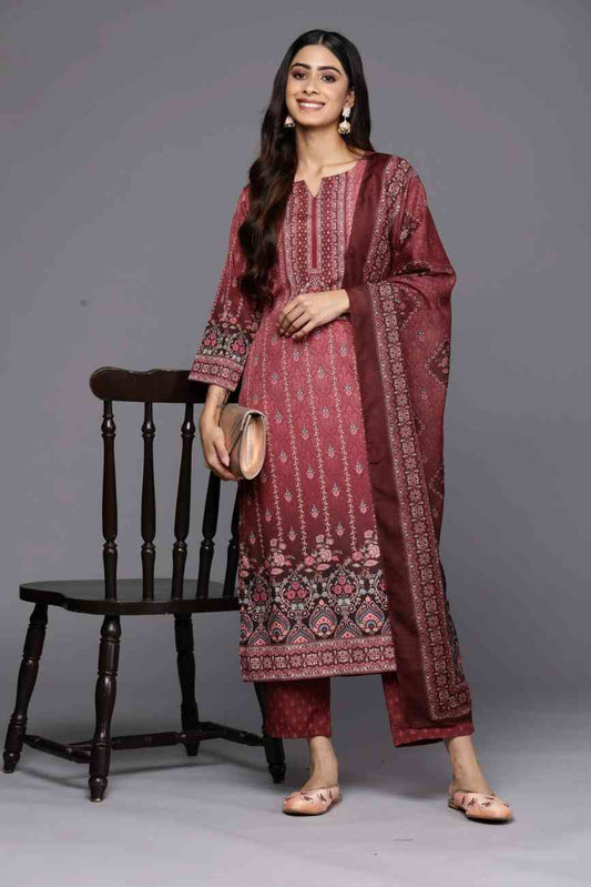 Maroon Cotton Printed Kurta Set with Cotton Dupatta
