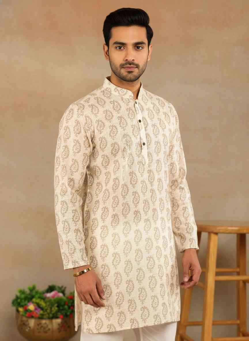 Men's Linen Digital Print Kurta Set