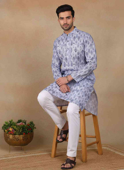Men's Printed Linen Kurta Set