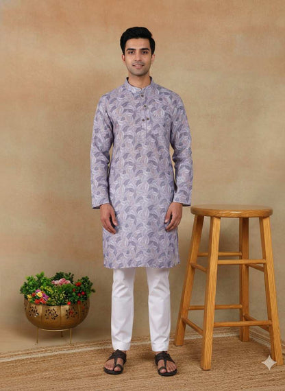 Men's Linen Digital Print Kurta & Pajama Set | Premium Festive Ethnic Wear