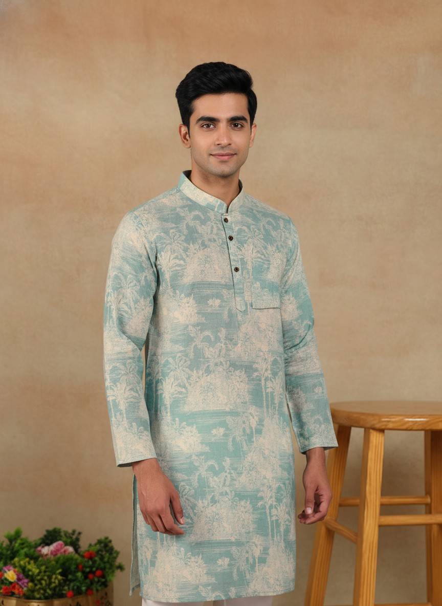 Men's Linen Digital Print Kurta & Pajama Set | Premium Festive Ethnic Wear