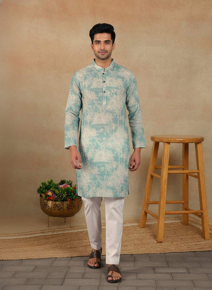 Men's Linen Digital Print Kurta & Pajama Set | Premium Festive Ethnic Wear