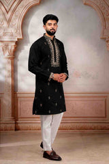 Men's Black Embroidered Kurta & Pajama Set