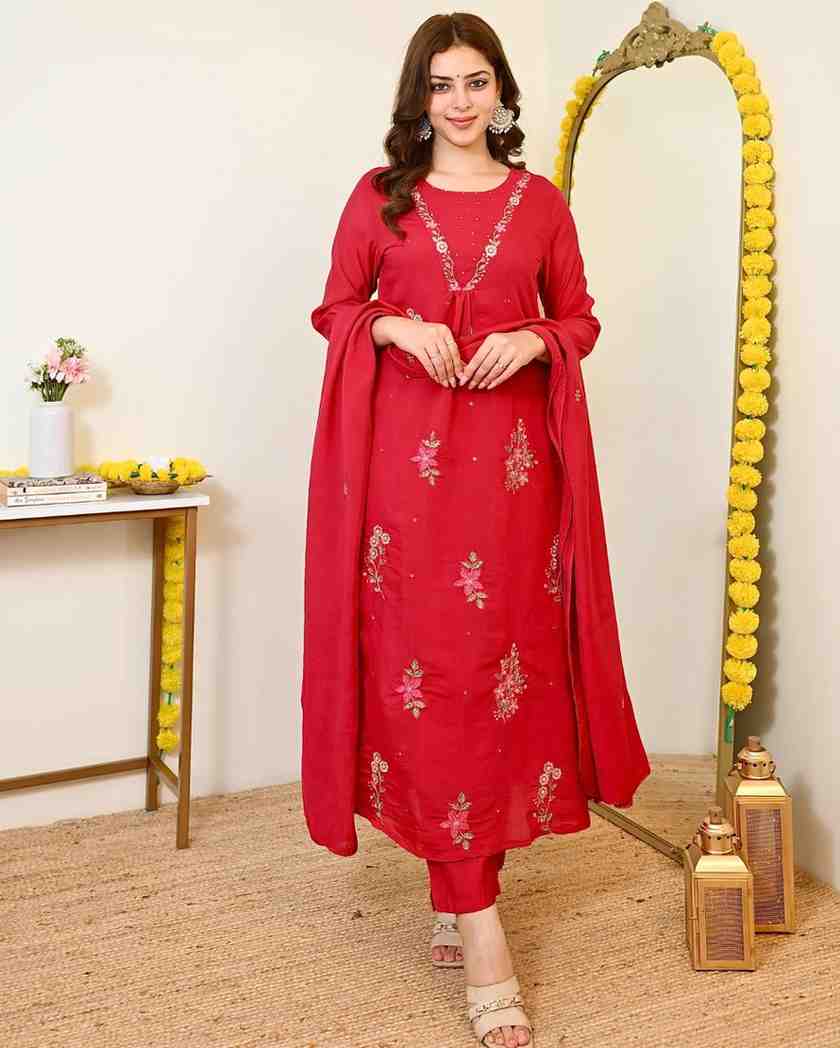 Women's Red Mul Chanderi ethnic outfit