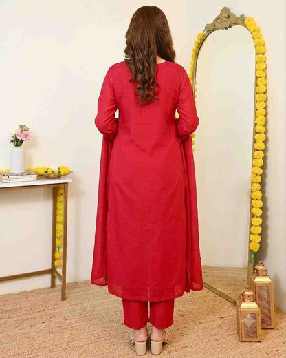 Red Chanderi designer embroidered suit