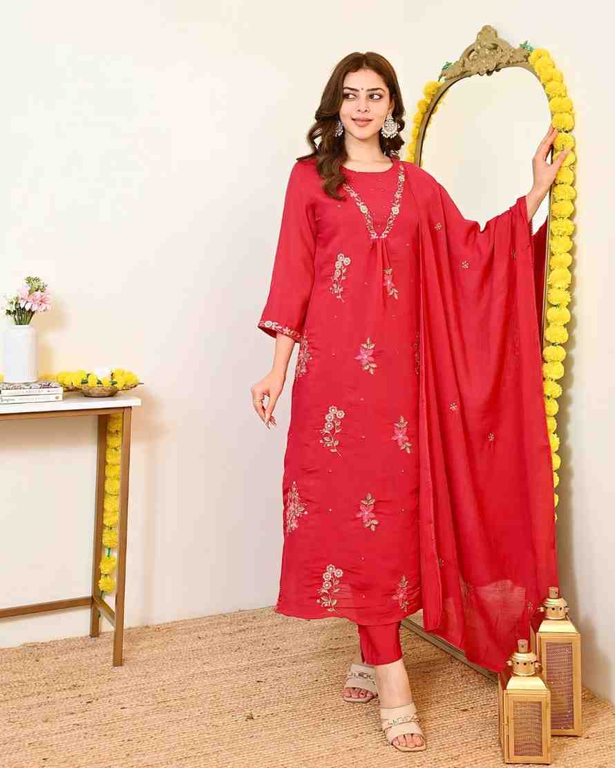 Red Mul Chanderi embroidered suit