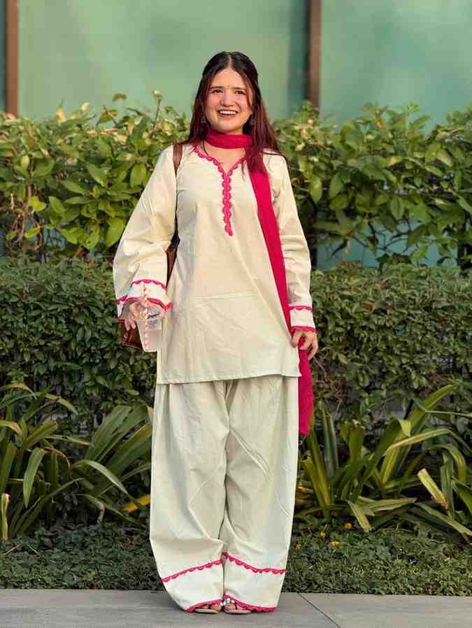 Off White Cotton Chinon hand work suit