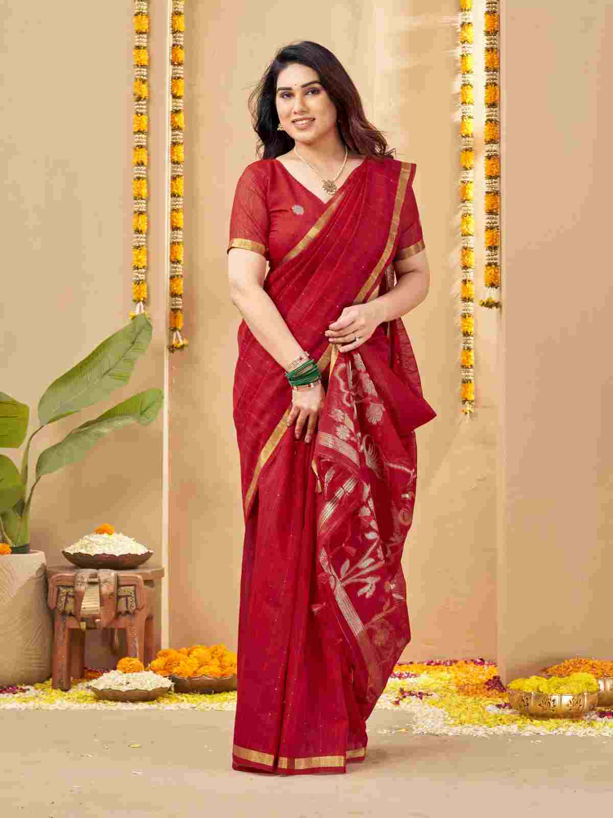 Full-length front pose in red weaving zari linen silk saree.