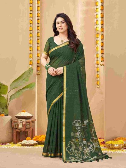 Full-length front view of green weaving zari designer linen silk saree.