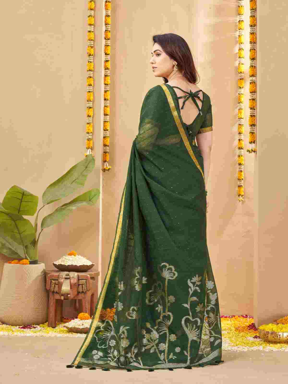 Back view showing tie-up blouse style on green linen silk saree.