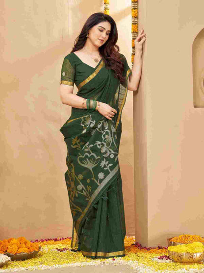 Full-length showing woven floral details on green saree pallu.