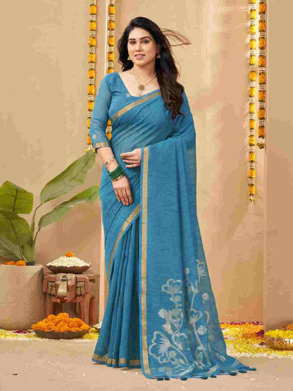 Full length view of the blue colur linen silk saree.