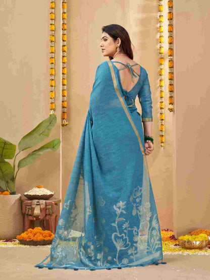 Back view of draped linen silk saree with tie-up blouse.