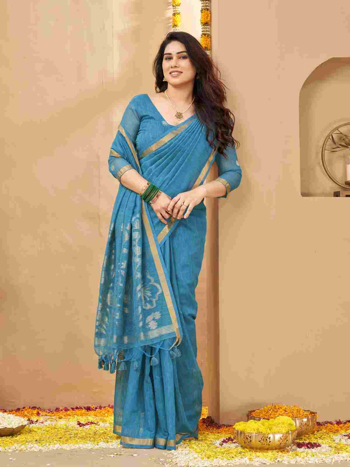Full-length view of blue zari linen silk saree.