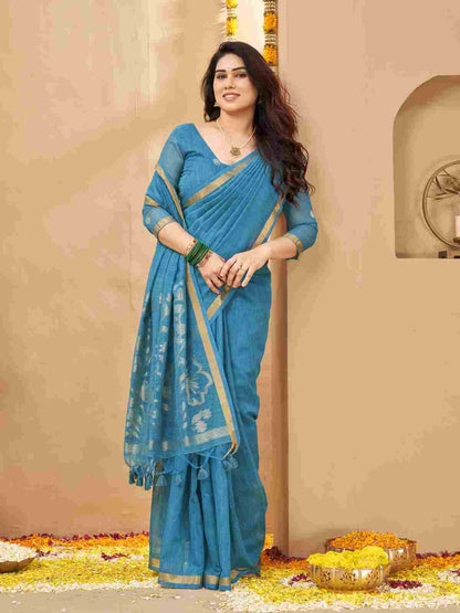Full-length view of blue zari linen silk saree.