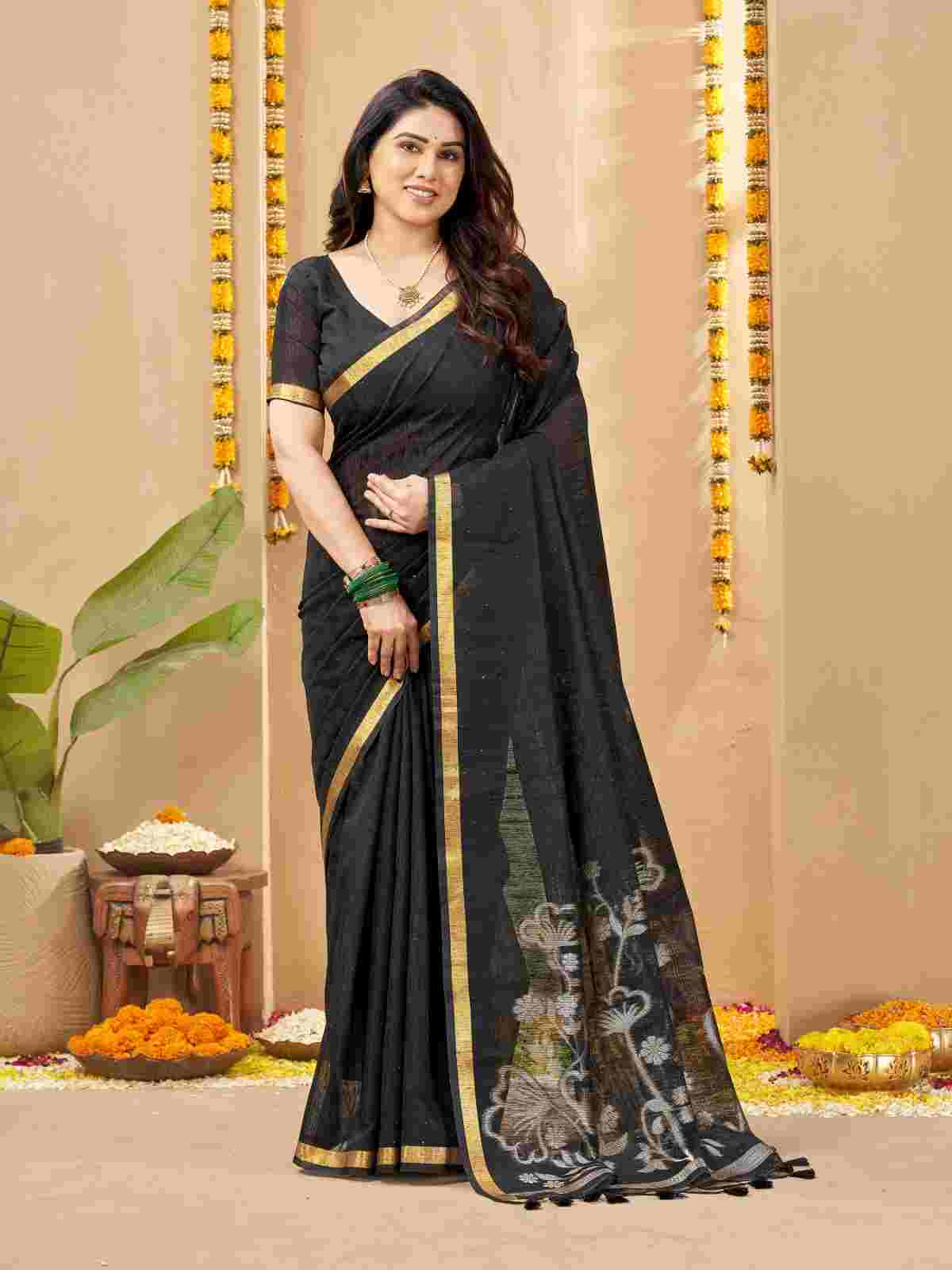 Full-length view of woman wearing zari linen silk saree.